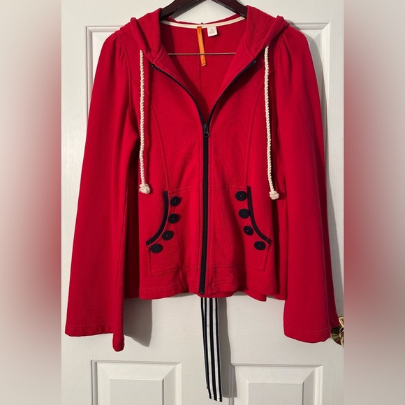 ANTHROPOLOGIE Sunday Mon M Coastal Red Hoodie Ribbon Bow Bell Sleeve Rope String - Picture 1 of 16